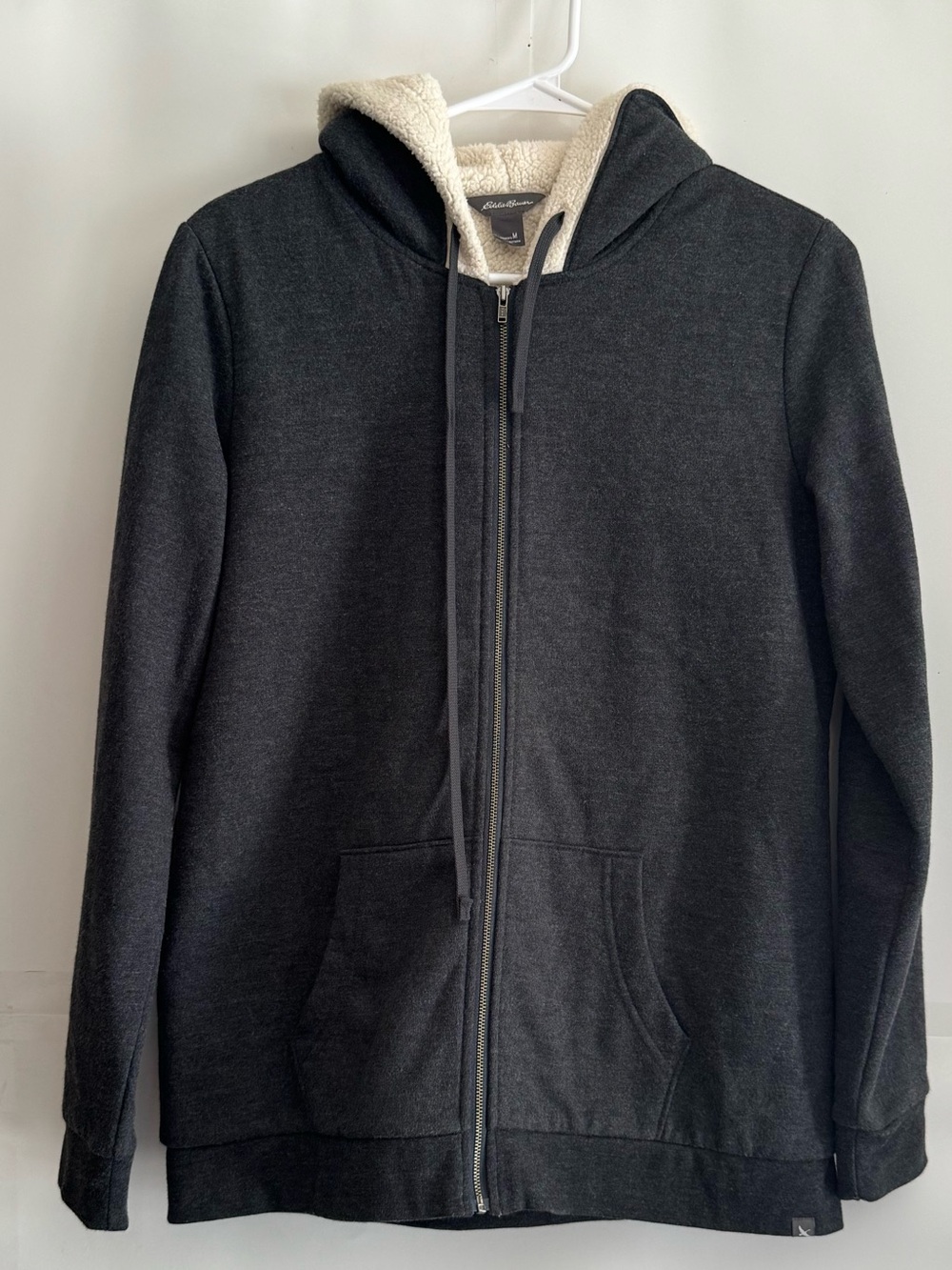 Eddie Bauer Charcoal/dark grey full Zip-Up Hoodie Cream soft fleece Sherpa Hood